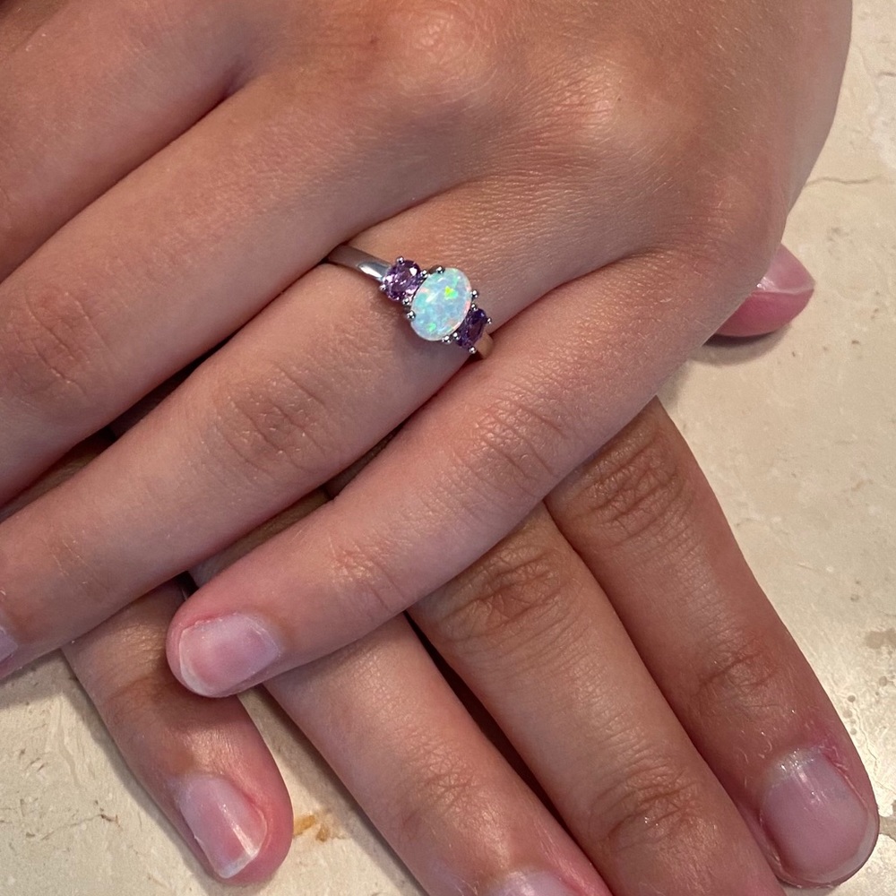 Sterling Silver Lab Created Opal Ring - Picture 4 of 16